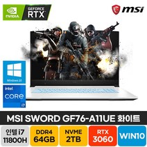 MSI Sword GF76 A11UE i7-11800H RTX3060 17인치 화이트 윈도우10 배그 롤 기업 주식 고성능 가성비 노트북, WIN10 Home, 64GB, 2TB, 코어i7