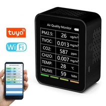 Tuya-WiFi 공기질 감지기 6in1 다기능 지능형 PM2.5 TVOC CO2 CH2O 스마트 원격 앱 모니터링 센서, 01 black