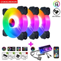 PC 부품 호환 컴퓨터 쿨러 Coolmoon 6Pin 방열판 소산 RGB 섀시 냉각 팬 140mm 케이스 액세서리 게임 냉각기 원격 제어, [03] 3pcs, [01] Coolmoon 6Pin RGB, [01] Default