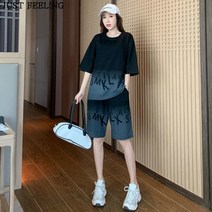 JUST FEEL!NG 커플 남여공용 트레이닝복 세트 루즈핏 빅사이즈 M-3XL 패션 5부오버핏반팔 상하의