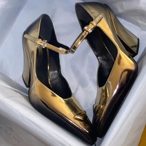 2022 신사 숙녀 고급 그라데이션 골든 지적 하이힐 메리 제인 신발 삼각형 로고 맞춤형 웨지 싱글 슈즈 여성