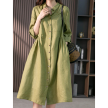 여성 코튼 린넨 롱 원피스 루즈핏 빅사이즈 여성용 긴팔 하프 셔츠 봄 면 린넨 셔츠 원피스