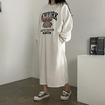 [비비애르] 뉴욕 베어 맨투맨 롱 원피스 벌룬 퍼프 코튼 트임 오버핏 곰돌이 빅사이즈