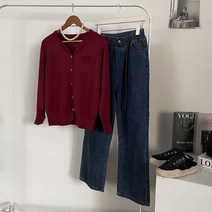 [비비애르] W 자수 라운드 긴팔 니트 가디건 심플하고 부드러운 기본니트 페미닌한 데일리룩