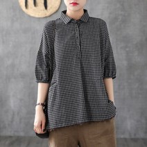 도오빠 사켓 여성 체크 블라우스 셔츠 5부 반팔 카라 티셔츠 브이넥 레이스 오버핏 반팔티 여자블라우스