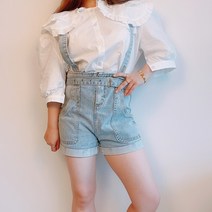 [멜빵탈부착O/키작녀완전강추!] 귀요미 청 멜빵 끈 데님 밑단 오버롤 숏팬츠 반바지 점프수트