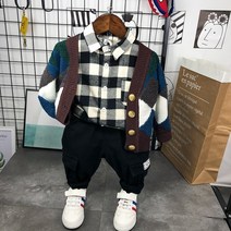 아짱 키즈남아 봄가을신상 가디건+남방+바지3종구성 체크남방가디건3종세트
