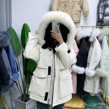 폭스퍼숏패딩 겨울 여성 화이트 오리 다운 재킷 리얼 폭스 모피 후드 스노우 두꺼운 파카