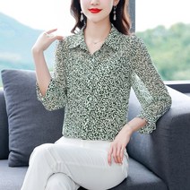 봄 얇은 쉬폰 상의 구부소매 패션 셔츠 여성 프린트 블라우스