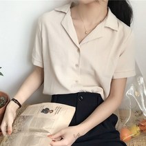 여름 여성 나들이 심플한 반팔 기본핏 폴리에스테르 셔츠 블라우스 캐주얼룩