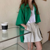 여름 나른한 바람 루즈핏 반팔 흰색 터틀넥 롱 셔츠