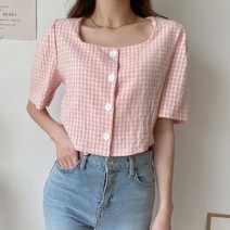 여성 셔츠 블라우스 데일리 닐보 버튼 퍼프 반팔 체크