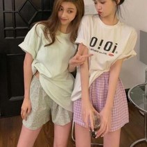 여자 편안한 홈웨어 잠옷 체크 플라워 패턴 면 반바지