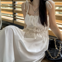 디작소 여성 셔링 리본 어깨 포인트 청순룩 롱 원피스