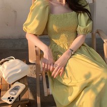 [랜덤플레이] 가슴밴딩 스퀘어넥 반팔 포켓 롱 원피스