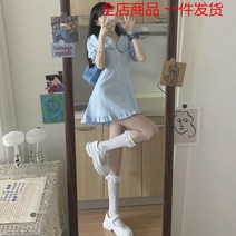 베이비돌원피스 주름치마 첫사랑 작은키 프랑스타입 라이트블루 스커트 여성여름 피터팬카라 벌룬소매 허리밴딩 a라인원피스