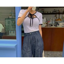 하로린 배색 퍼프 리본 볼레로 티셔츠
