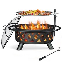 Amopatio 야외용 화덕 76.2cm(30인치) 대형 야외 목재 연소 화덕 파티오 뒷마당 화덕 스틸 BBQ 그릴 요리 석쇠 스파크 스크린 및 포커 정원 모닥불 캠핑, Firepit