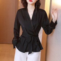 봄 가을 사무실 레이디 v 넥 우아한 업 블랙 긴 소매 기질 캐주얼 풀오버 블라우스 스