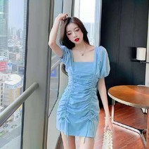프랑스 허리 버블 슬리브 주름 단색 드레스 새로운 짧은 소매 스퀘어 칼라 슬림 기질 짧은 치마 조수