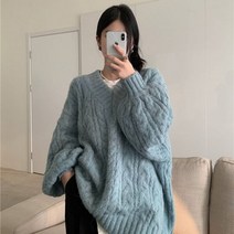 안나리야 브이넥 꽈배기 케이블 패턴 박시 롱 니트 SY