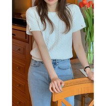 여성 반팔 꽈배기 니트 화이트 라운드 레트로 스웨터