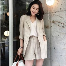 스트라이프 여성 여름 린넨 자켓 스프라이트 반바지 정장 투피스 세트