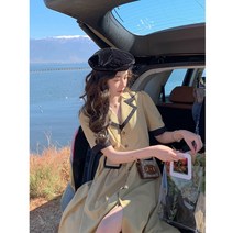 여자오피스룩 첫눈에반함 프랑스타입 빈티지 칼라넥 반팔 보색 스타일 텐셀 여성원피스 2022봄 유행스타일