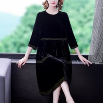 도오빠 깔로라 여성 벨벳 롱 원피스 오버핏 루즈핏 라운드넥 7부 소매 미디 중년 드레스 여자원피스