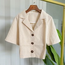 스타일아유 여성 여름 퍼프소매 린넨 숏 크롭 반팔 자켓