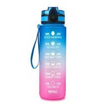 동기 부여 시간 마커 앰프가있는 1l 32oz 물병 밀짚 bpa 무료 무독성 누출 방지 체육관 야외 스포츠 음주, 블루 핑크