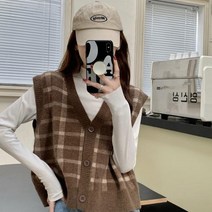 다양한 컬러 체스 무늬 니트 조끼 빈티지 모던 시크 힙 캐주얼 크리스마스 데이트 룩 20 30 대 쇼핑몰