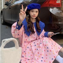 포린박스 일본풍 귀여운 핑크 빅 카라 하트 롱 원피스 SH