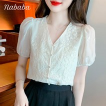 나바바 NB832 여성 플라워 브이넥 퍼프 반팔 블라우스