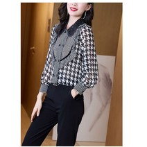 체크 긴팔 셔츠 여 봄 인형 칼라 블라우스 상의