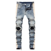 남자 사이드 스트라이프 빅 홀 찢어진 청바지 Streetwear 발목 지퍼 슬림 스키니 스트레치 데님 펜슬 바지 바지 블루 블랙