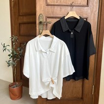 여성 박시핏 반오픈 배색 카라 반팔 여름 블라우스