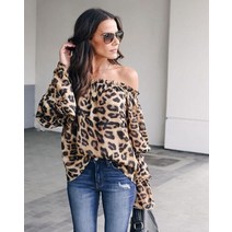 호피블라우스 꽃무늬 자켓 바스락 블라우스 핫 오프 숄더 셔츠 긴 소매 레오파드 프린트