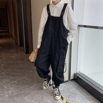 남성 면 코튼 멜빵 바지 점프슈트 캐주얼 오버롤팬츠 오버핏 와이드 회색 대학 스타일 일본