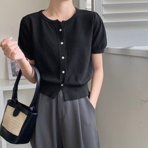 라운드 크롭 퍼프 니트 여성 가디건 반팔 여름 데일리