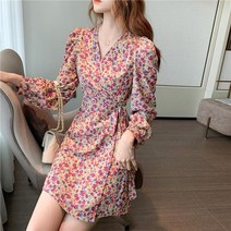 여성 하객룩 브이넥 벌룬 플라워 쉬폰 랩 미니 원피스