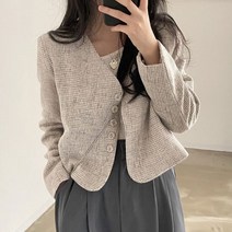 기질 슬림 레트로 심플 v 넥 싱글 브레스트 체크 무늬 자켓 짧은 패션 긴 소매 트위드 카디건 얇은 가을 탑