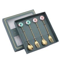 Xingcheng 스테인리스 스틸 골드 도넛 디저트 스푼 포크 세트, 스푼 2개 + 포크 2개, 그린 박스