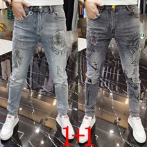 1+1 스판 청바지 남성 춘추 핫픽스 자수 종아리 캐주얼 데님 팬츠 뉴타임즈 0104SC01