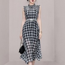 도트 여자정장원피스 베이지원피스 우아한 플레어원피스 여자용 O-넥 격자 무늬 민소매 하이 웨이스트 파티 드레스 패션 러플 빈티지 롱 드레스 로브148511