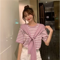 나루니 W03558 스프라이트 줄무늬 페이크숄 숄티셔츠 페이크망토 예쁜 여성반팔티 티셔츠