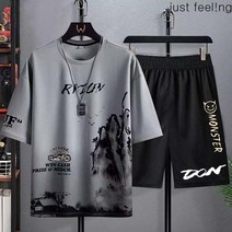 just feel!ng 남성 라운드 여름 아이스 캐주얼룩 반팔 5부 팬츠 세트