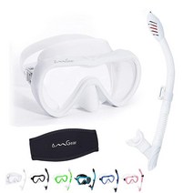 OMGear 스노클 세트 수영 고글 코 마스크 스노클 콤보 스노클링 장비 다이빙 고글 스노클 기어 성인용 주니어 수영 스쿠버 다이빙 네오프렌 마스크 스트랩 커버 포함 (블루), White
