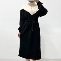 브이 배색 반집업 하이넥 카라 허리 스트링 루즈핏 기모 원피스