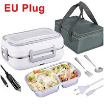 2In 1 Car Home Electric Heated Lunch Box Portable Bento with Spoon，Fork and Insulation Bag, 01 White EU Plug